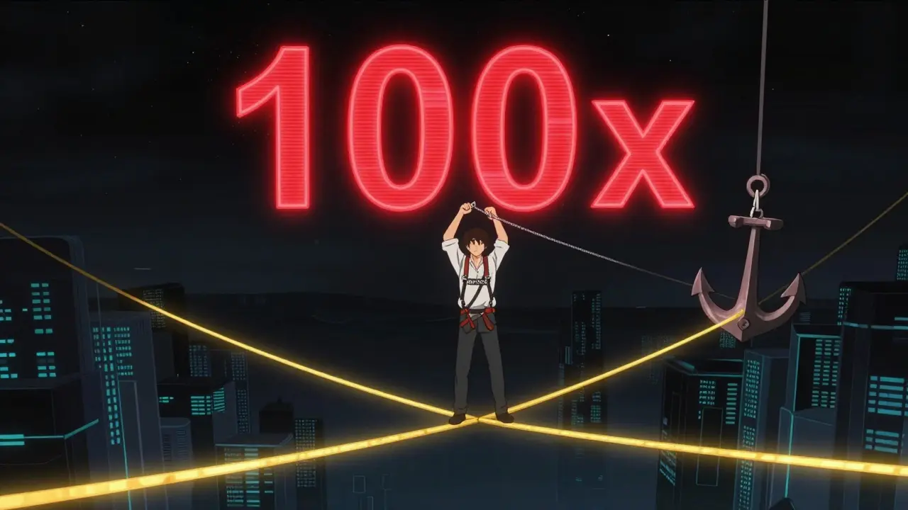 Anime trader balancing on a high-leverage tightrope with a stop-loss safety harness