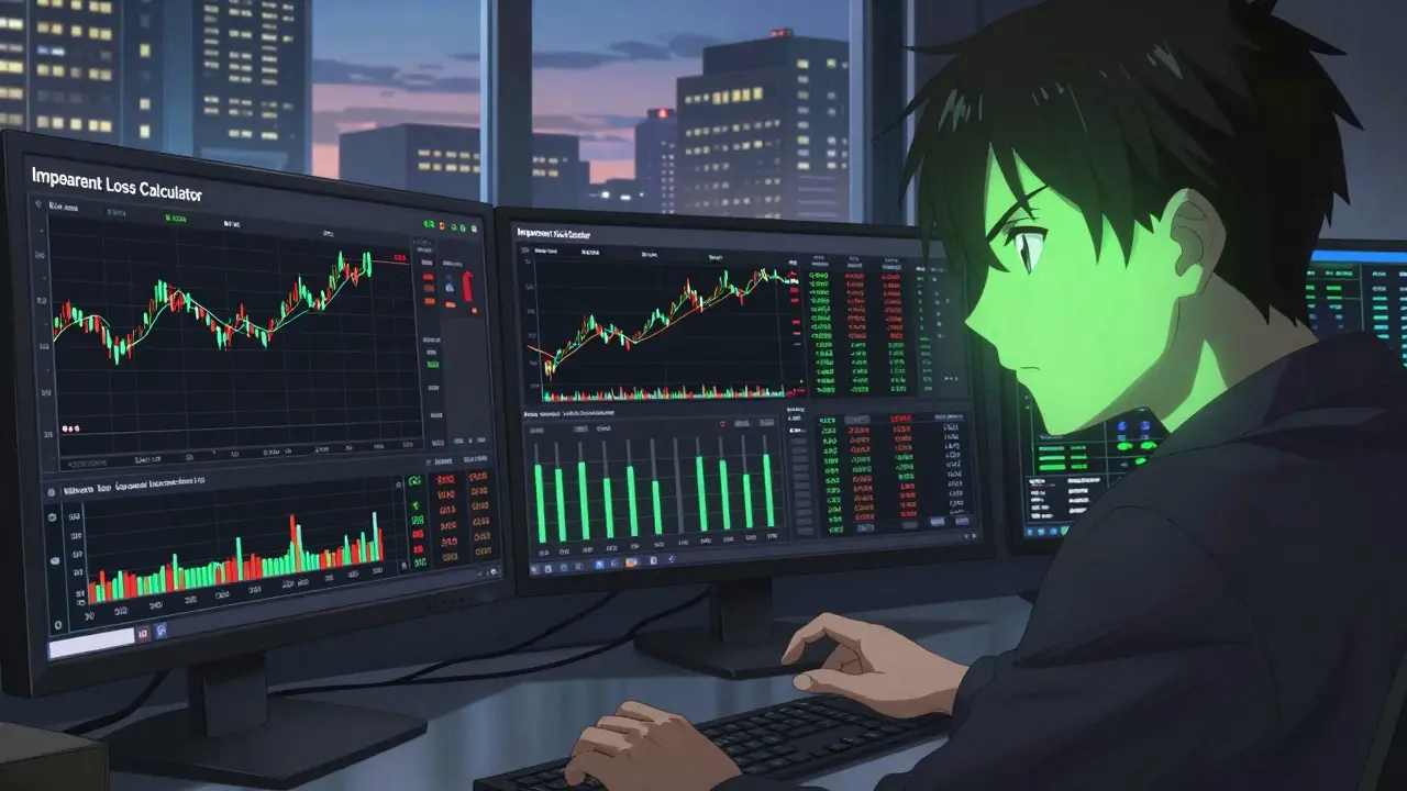 Anime trader using a liquidity pool calculator on a multi-monitor workstation.