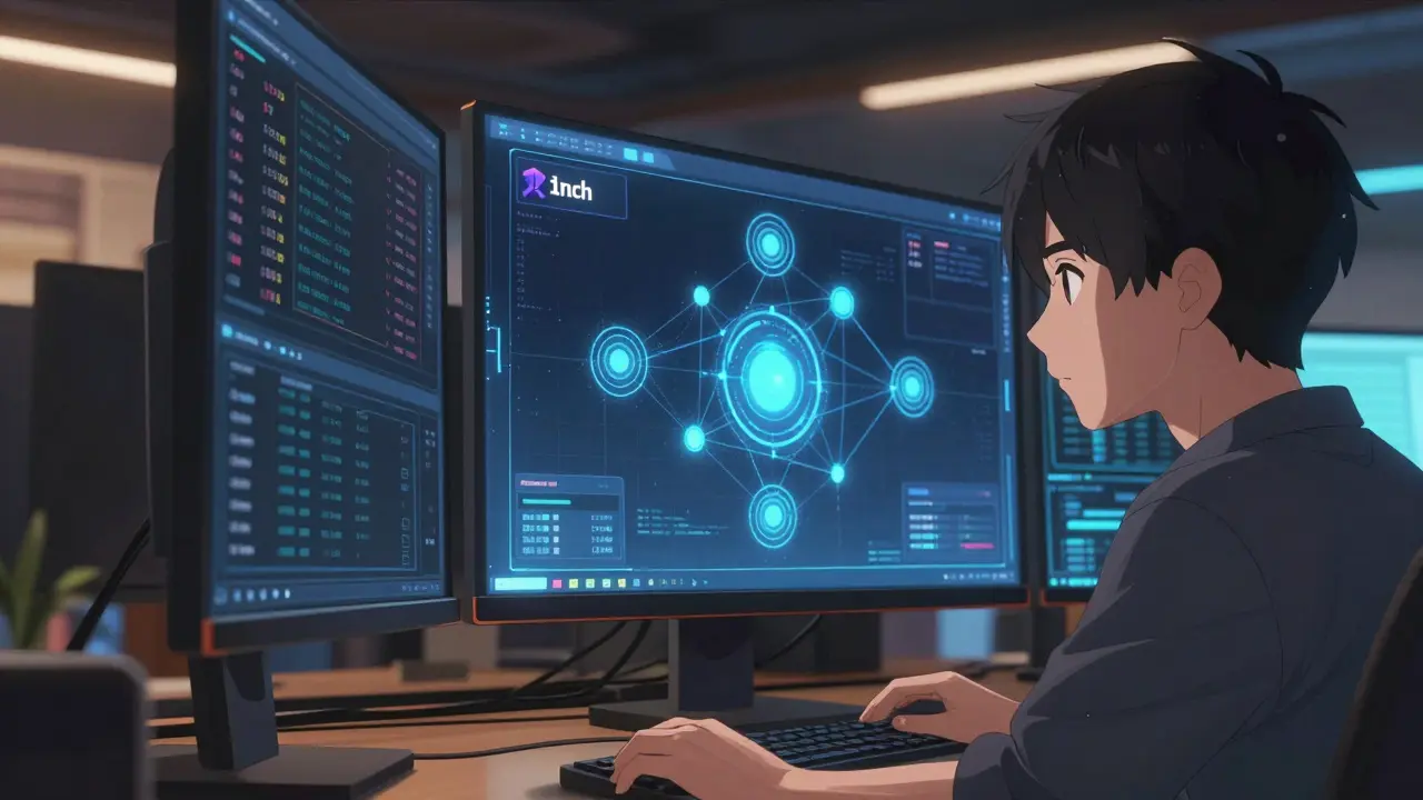 Anime trader using holographic screens to manage multi-chain crypto swaps.