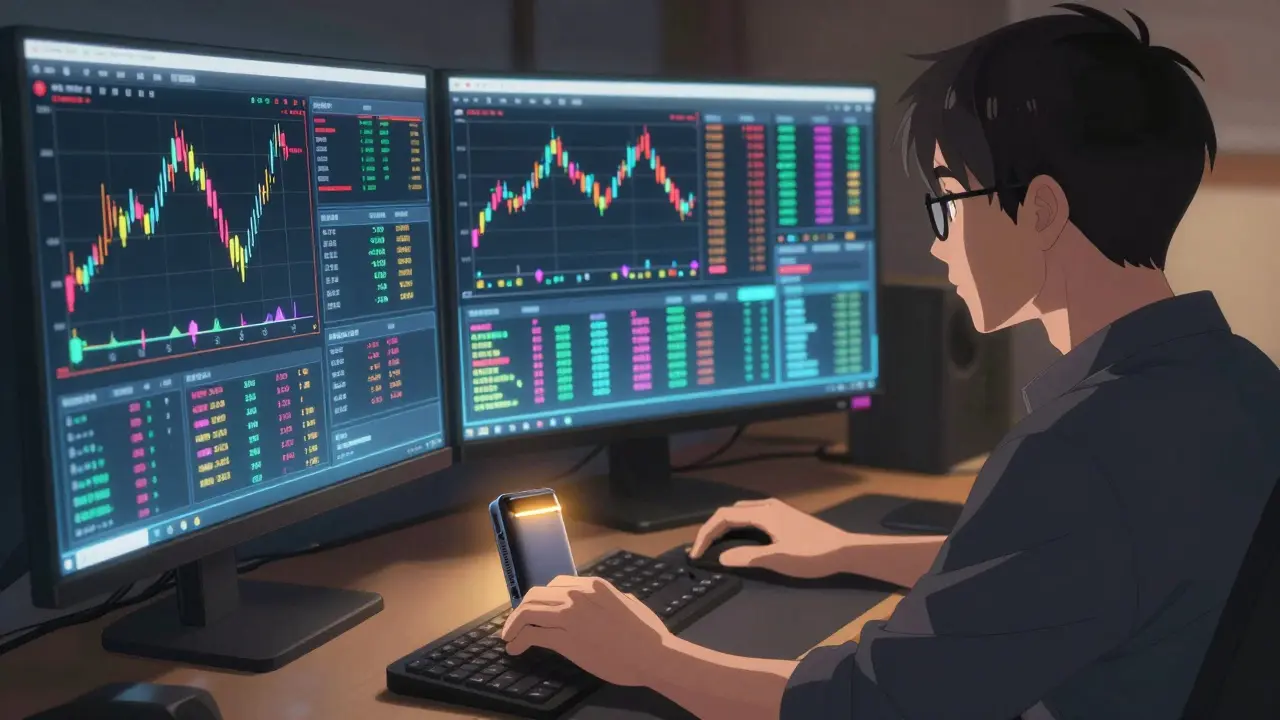 Anime trader using multiple holographic charts with a hardware wallet on the desk