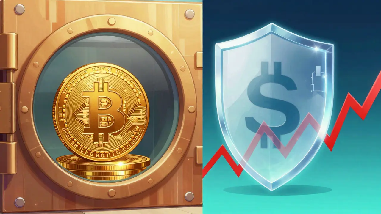 Anime visualization of a Bitcoin in a vault protected by a digital hedging shield