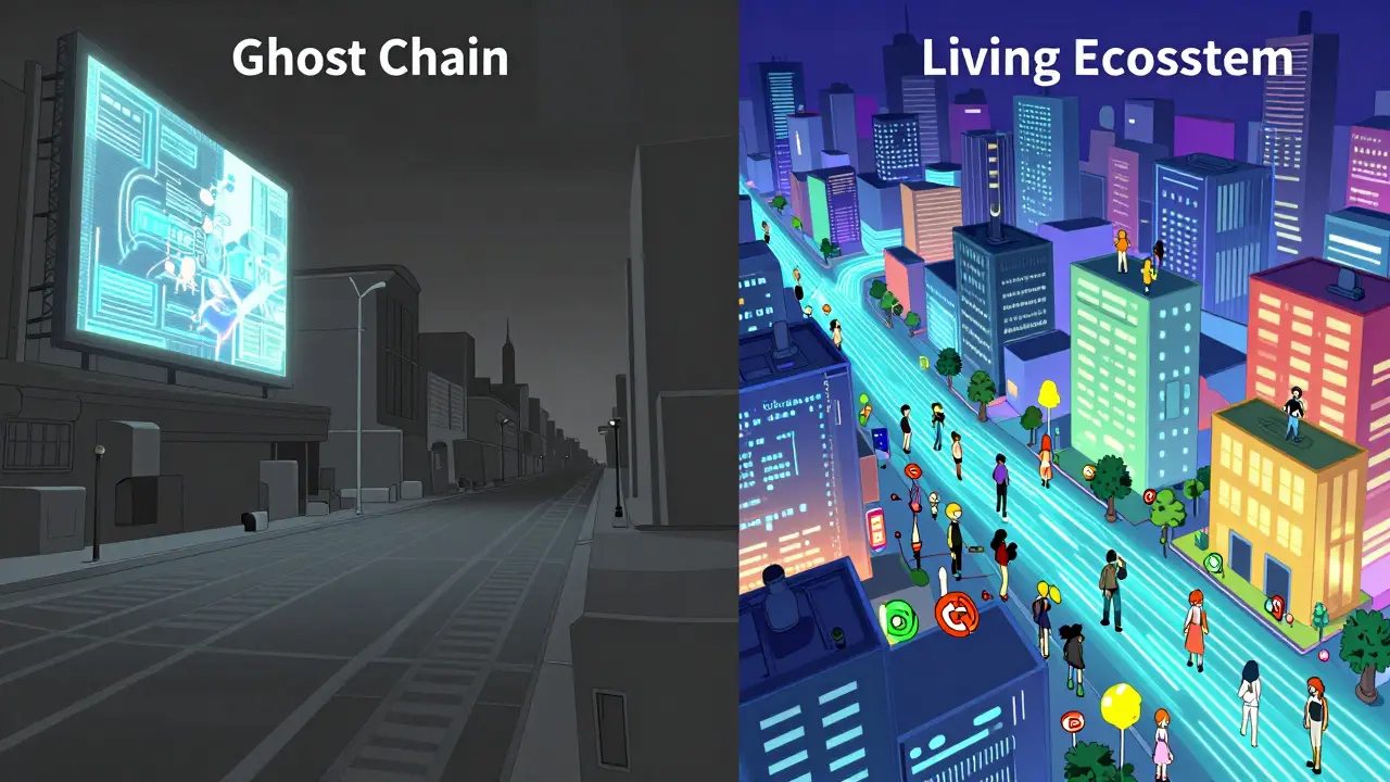 Comparison between a deserted ghost chain city and a vibrant, active blockchain ecosystem