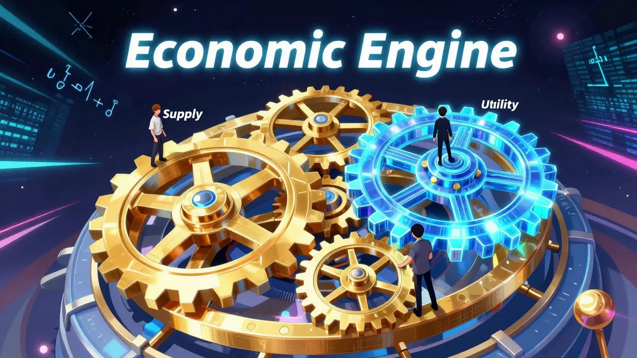 Complex neon crystalline gears symbolizing the mechanics of cryptocurrency tokenomics