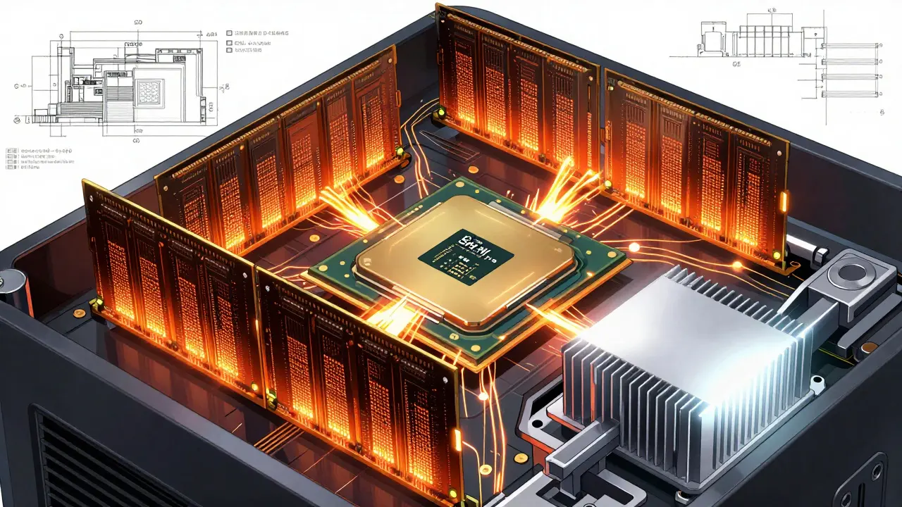 Detailed anime illustration of server hardware including CPU, RAM, and NVMe SSD with energy effects.