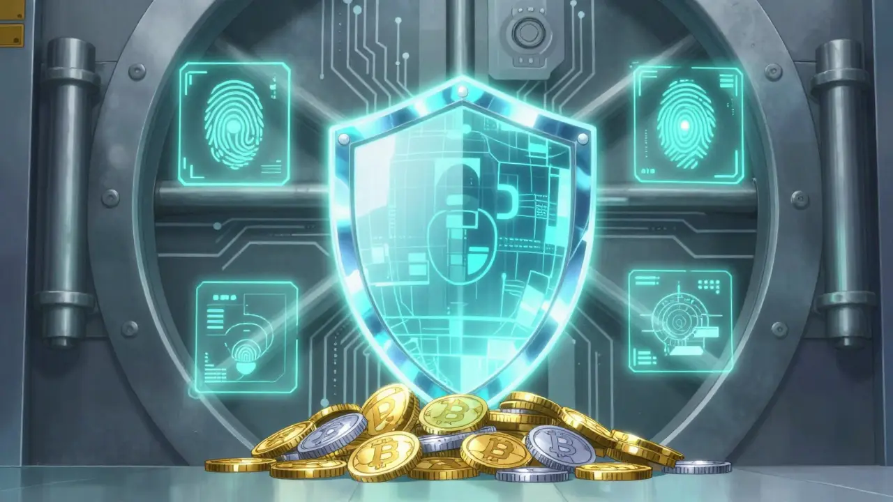 Futuristic digital vault with a glowing shield protecting cryptocurrency coins