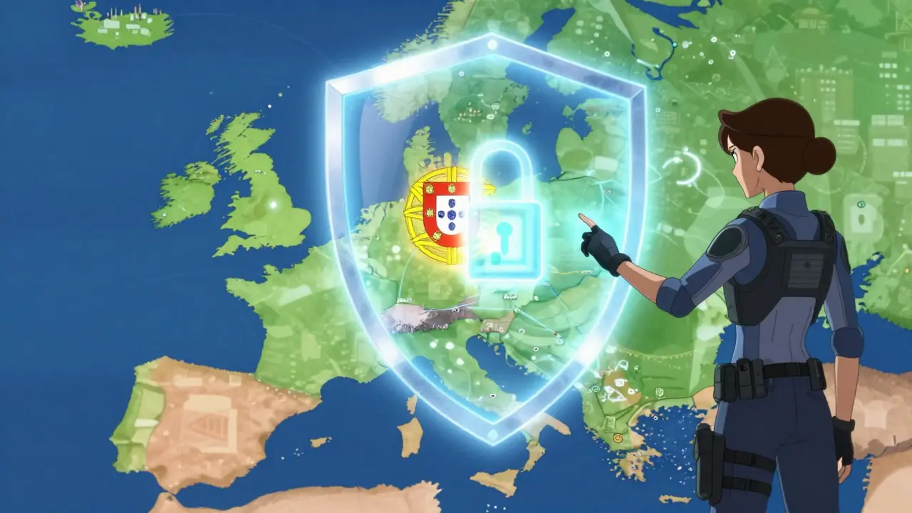 Specialist standing before shield protecting Europe map