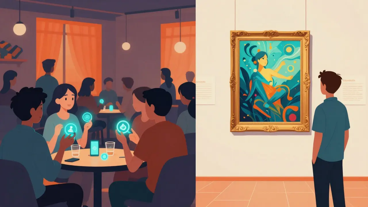 Split scene showing a community lounge and a prestigious digital art gallery.