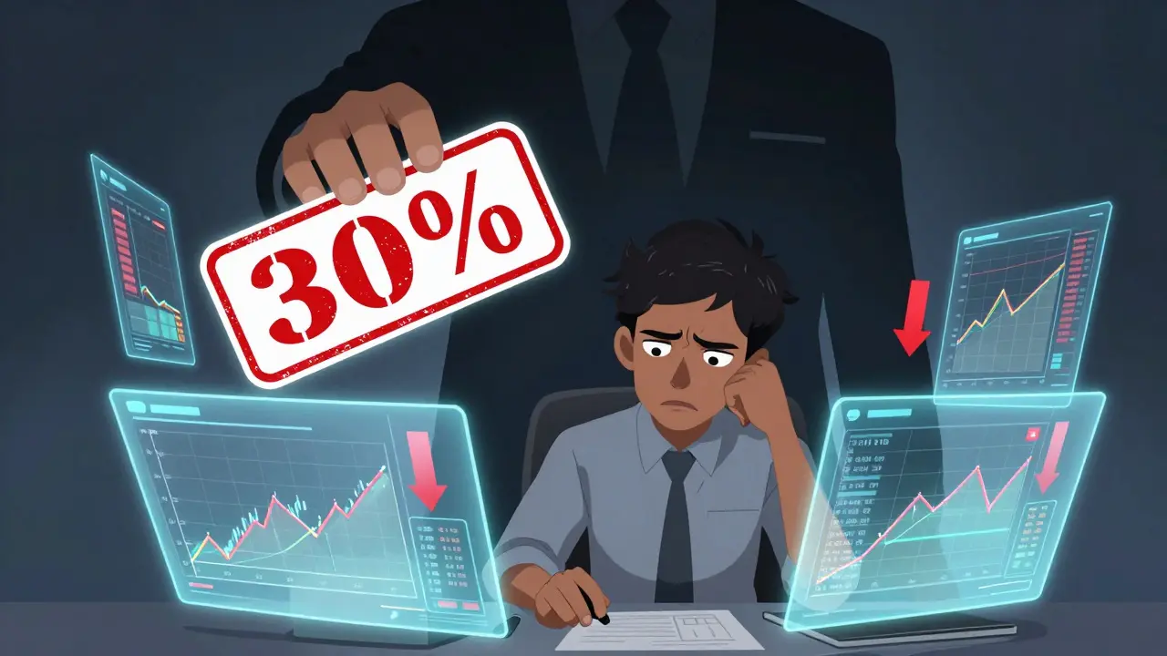 Stressed anime trader with holographic charts and a looming 30 percent tax stamp.
