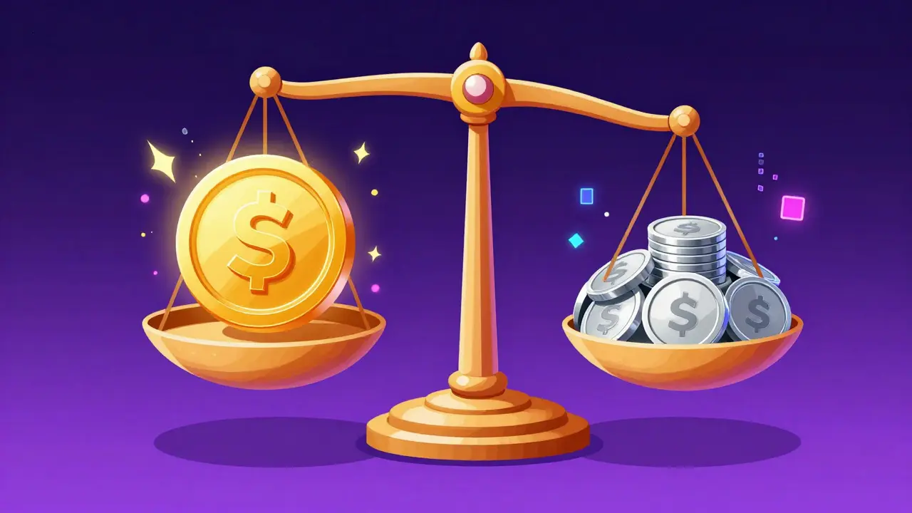 Stylized anime scale balancing two different types of glowing digital tokens in a void.