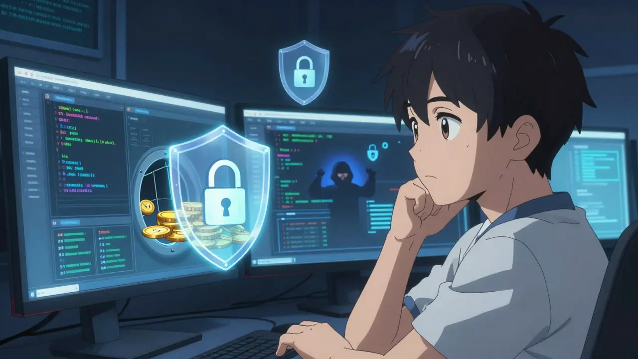 Anime character analyzing security features and wallet safety on glowing screens.