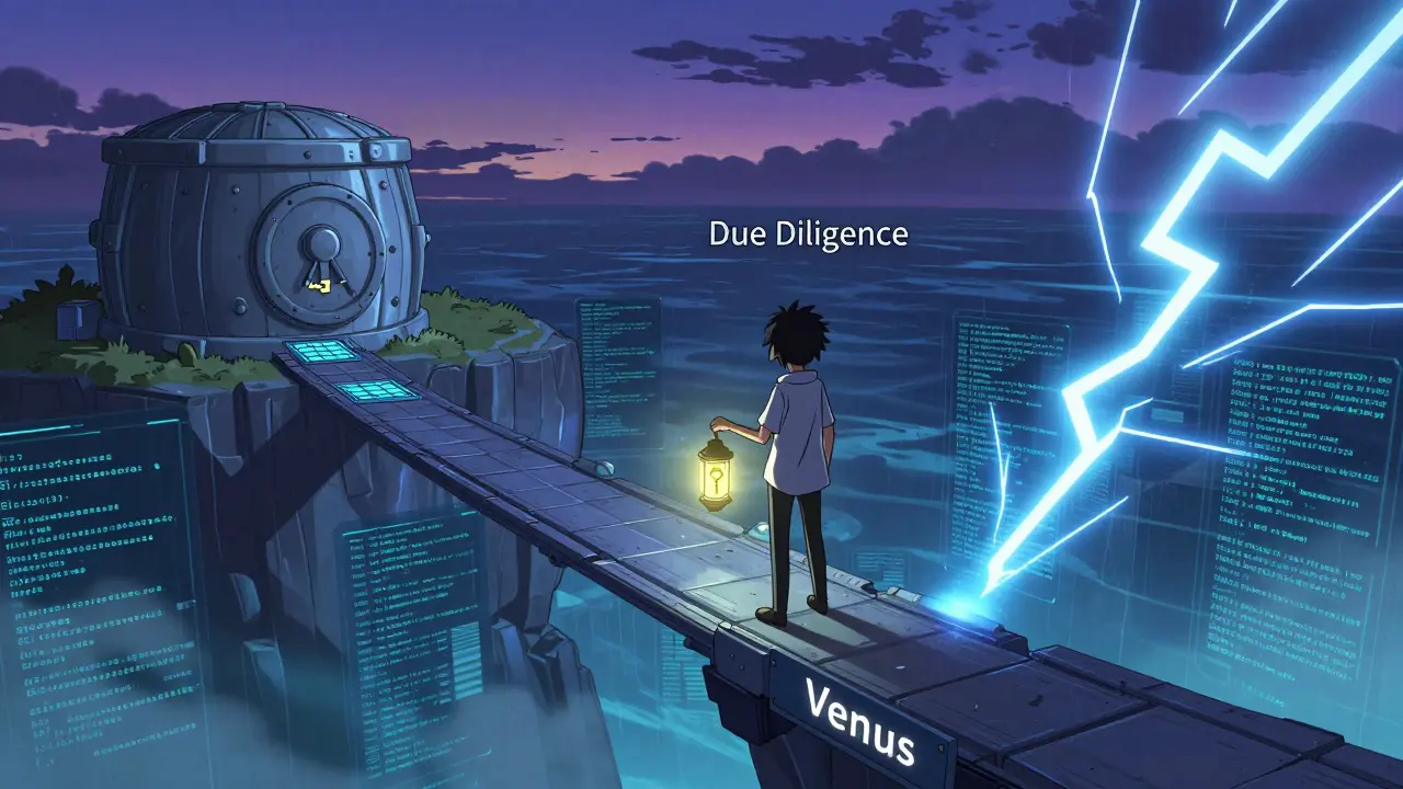 Anime character navigating a risky digital bridge representing DeFi safety
