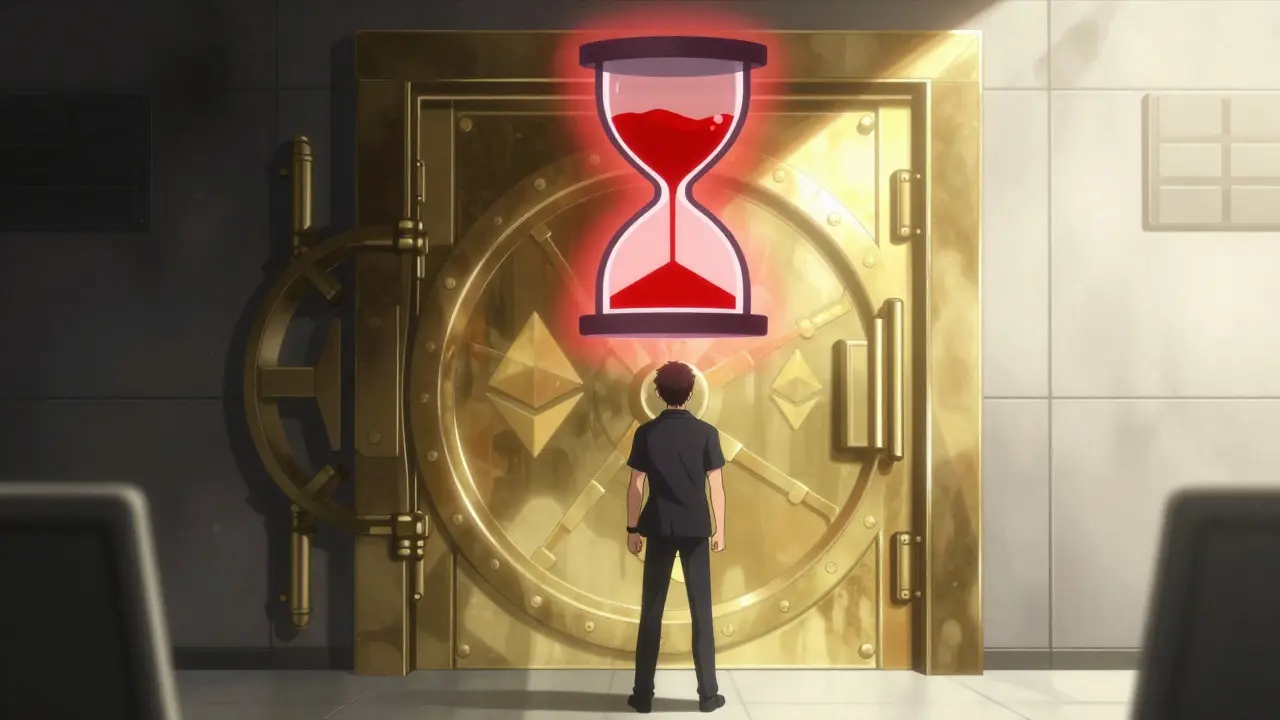 Anime character waiting at a secure digital vault with an hourglass