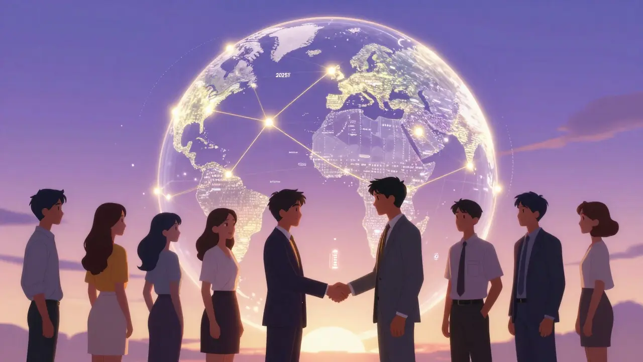 Anime characters exchanging digital tokens over a connected global network map.