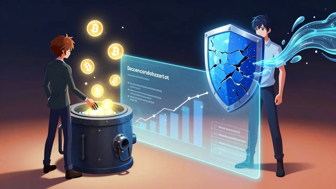 Anime characters interacting with holographic smart contracts for lending