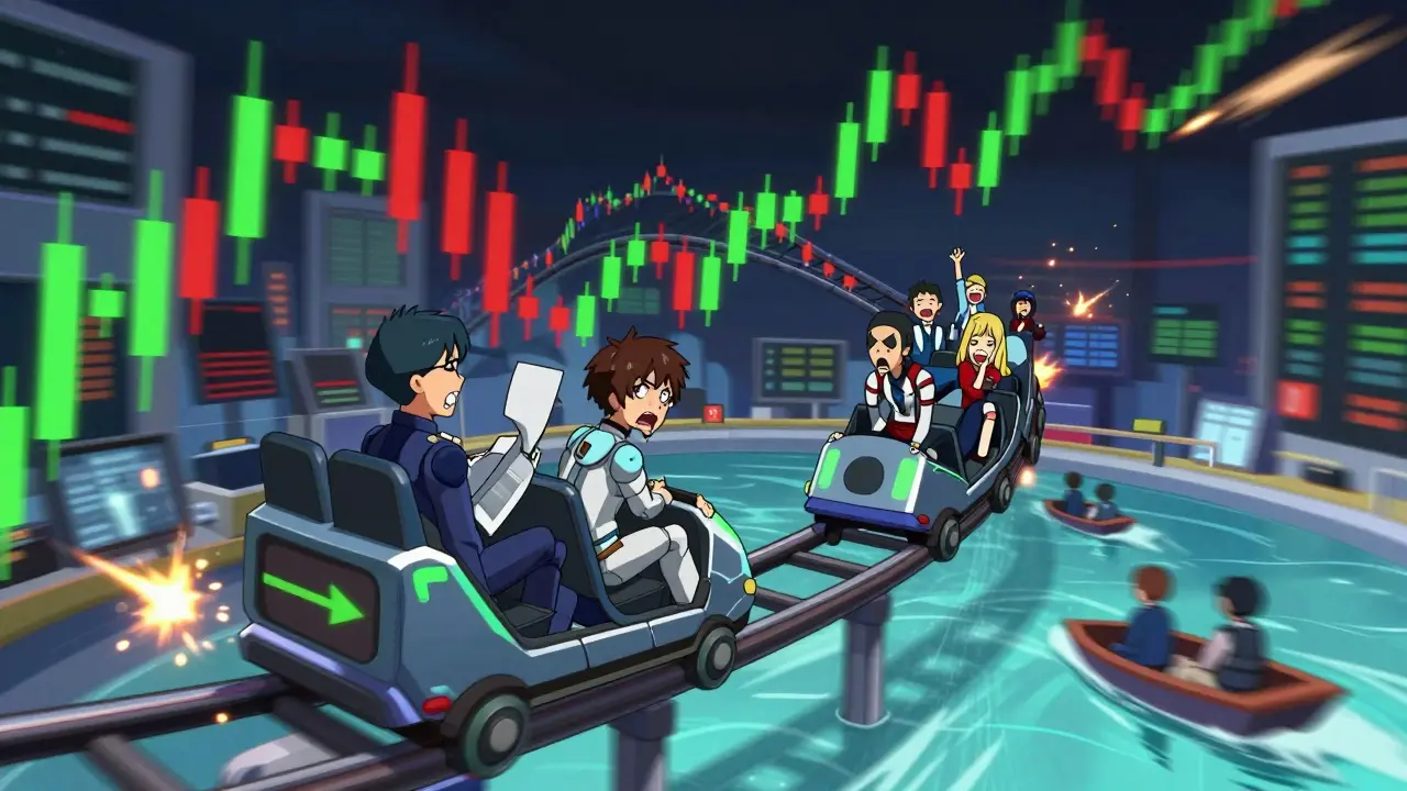 Anime characters on a volatile price chart rollercoaster over shallow liquidity pools.