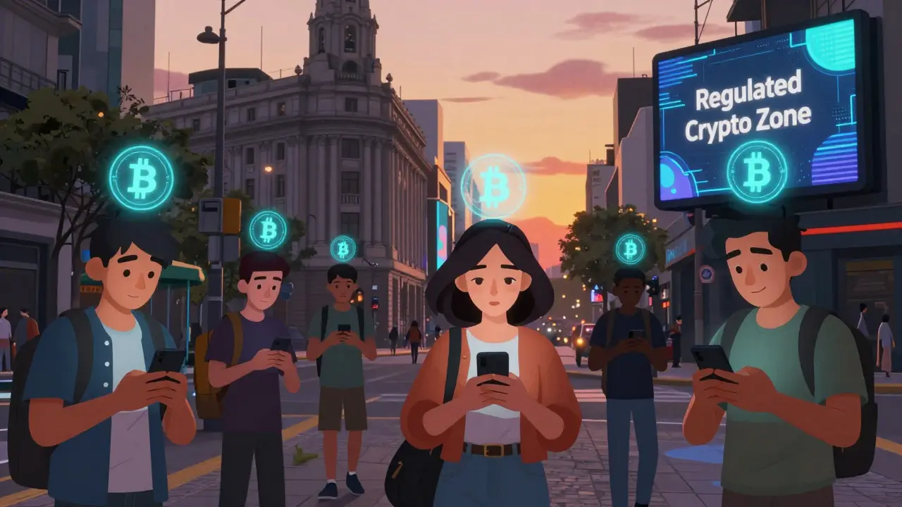 Anime cityscape with people using regulated crypto apps outdoors