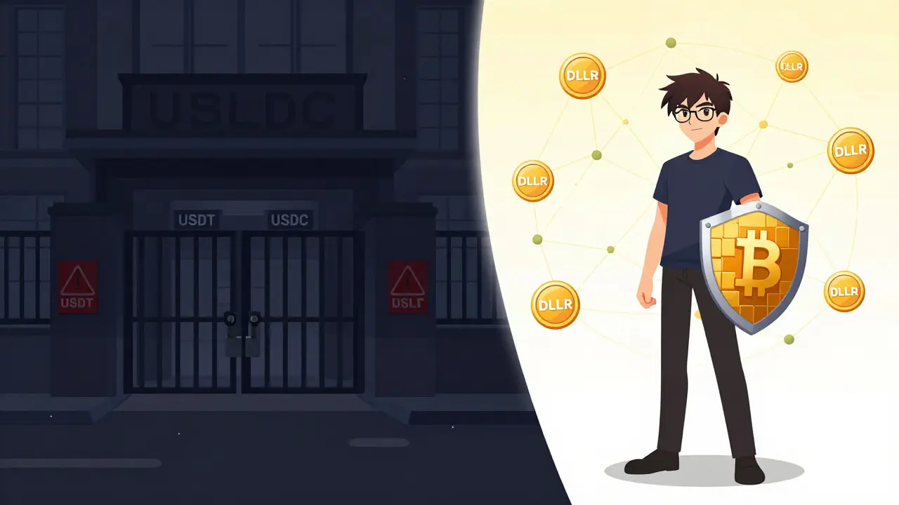 Anime comparison of centralized vs decentralized stablecoin freedom.
