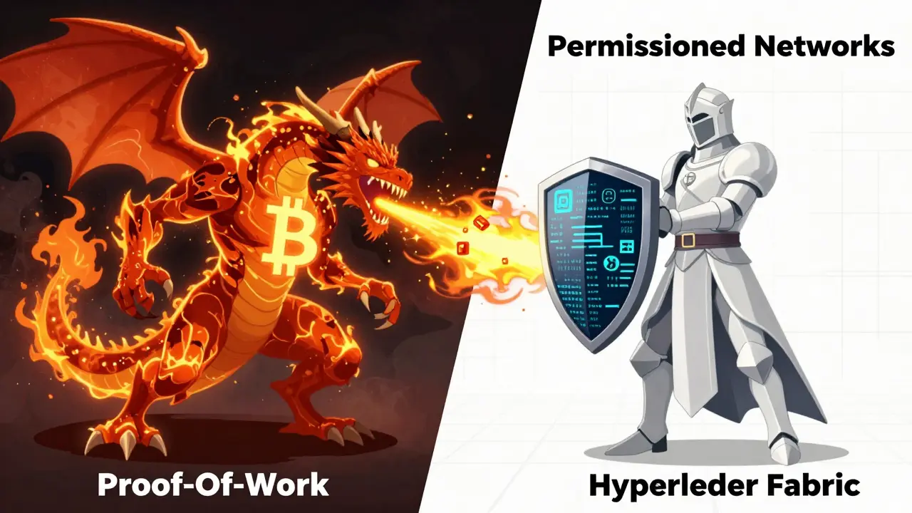 Anime concept art contrasting chaotic public blockchain with sleek permissioned networks.