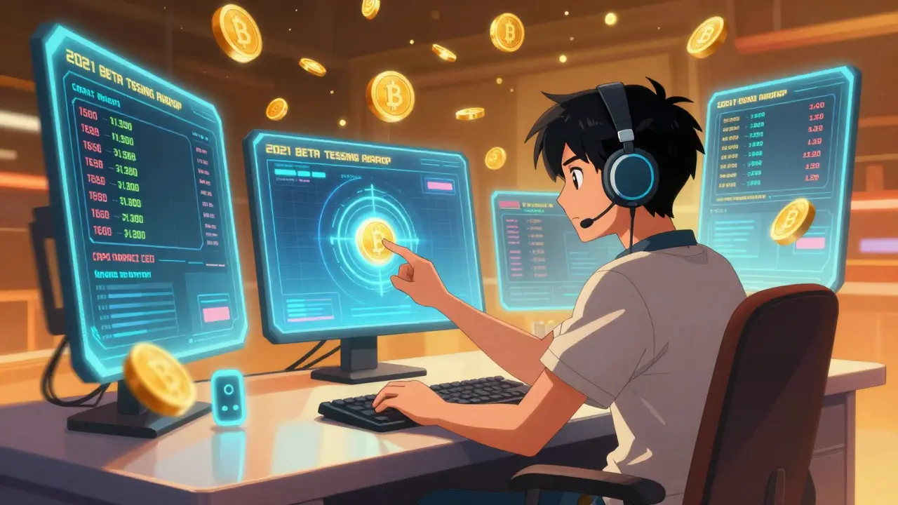 Anime gamer interacting with holographic screens during a beta test