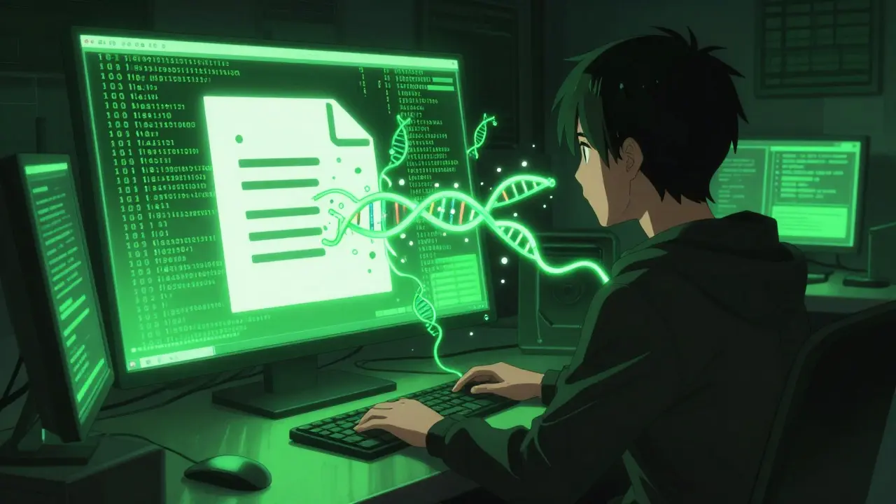 Anime hacker analyzing hidden metadata streams flowing from a digital file.