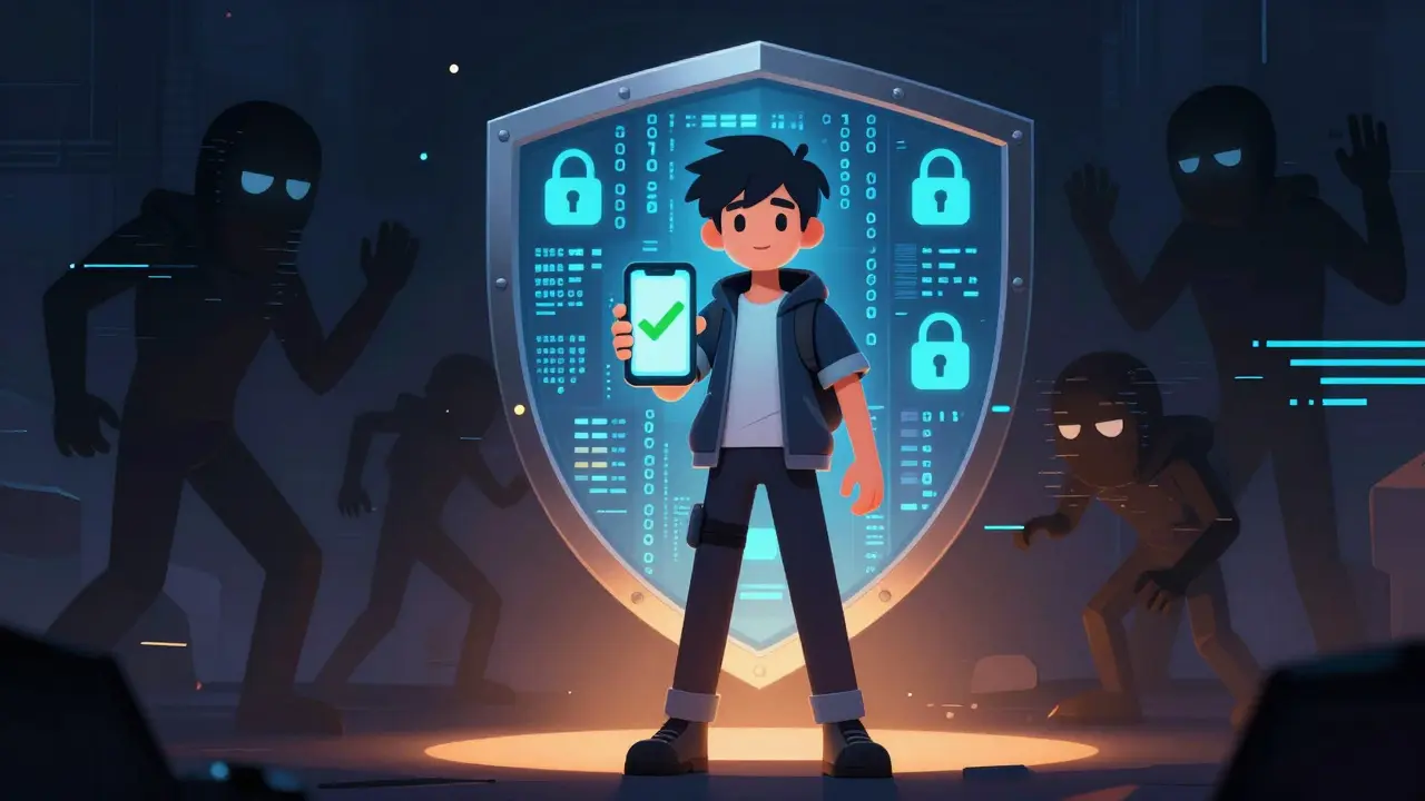 Anime hero protected by digital security shield against crypto scams