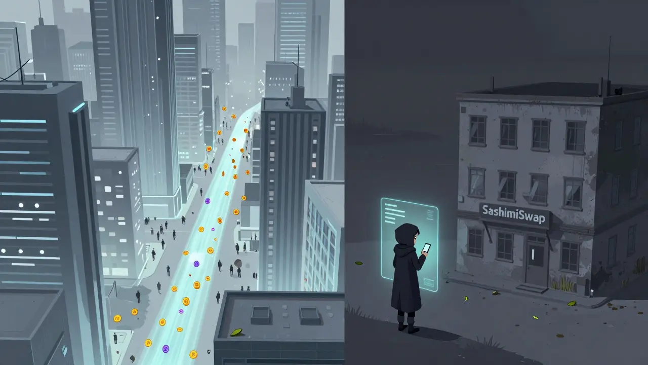 Anime illustration contrasting a busy exchange with a deserted one showing low volume.