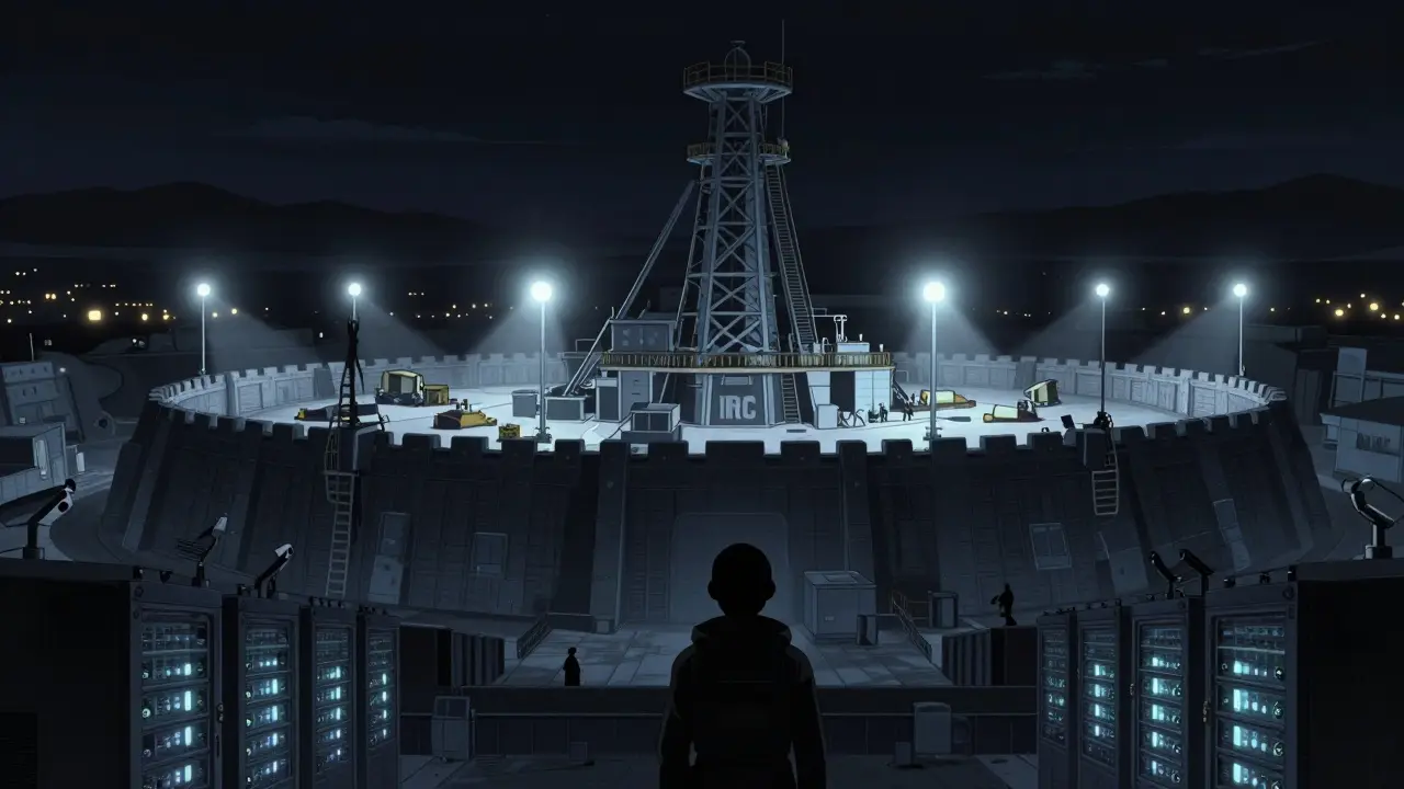 Anime illustration of a fortified state mining complex operating during a blackout.