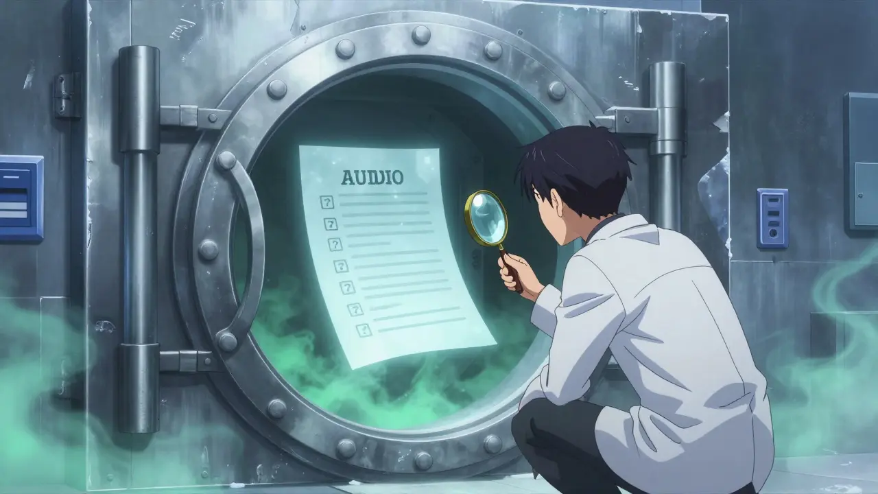 Anime investigator examining an empty ledger next to a secure vault, symbolizing missing audits.