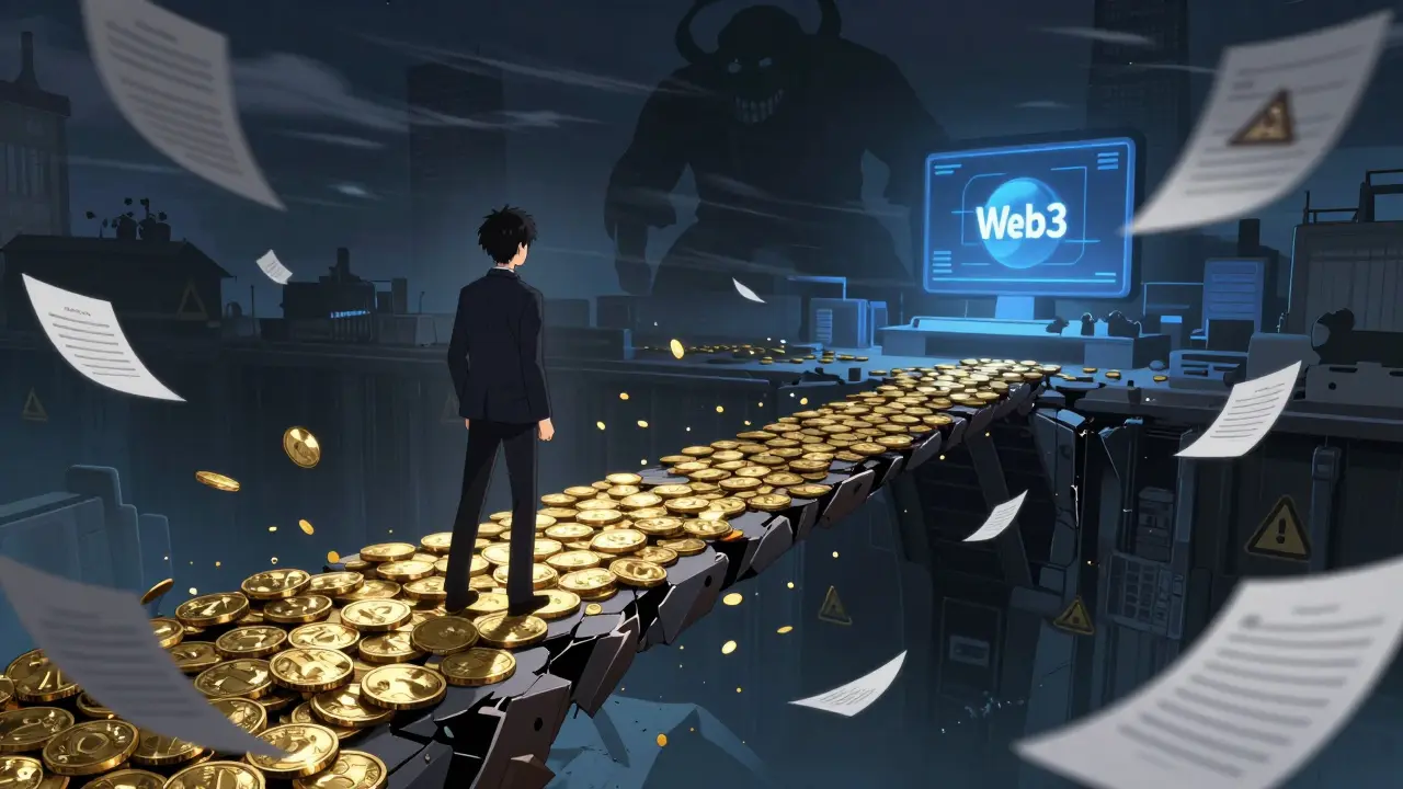 Anime investor standing on a crumbling bridge over an abyss, symbolizing crypto risk.