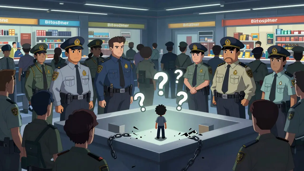 Anime scene contrasting a safe, regulated trading floor with an isolated, risky platform.