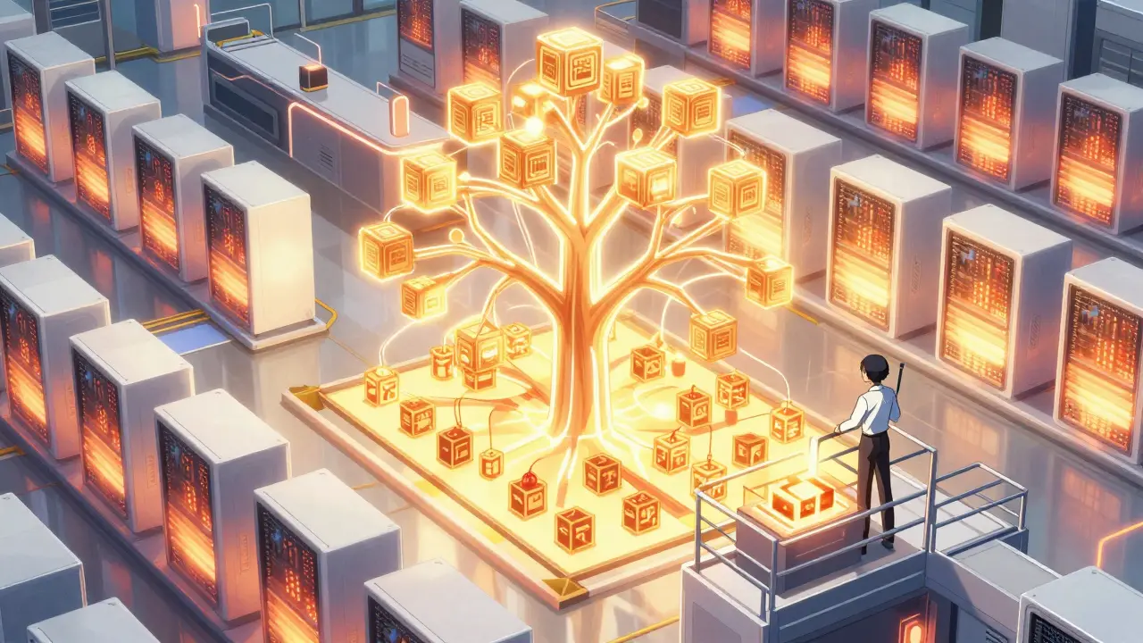 Anime scene of ASIC miners processing transactions into a Merkle tree