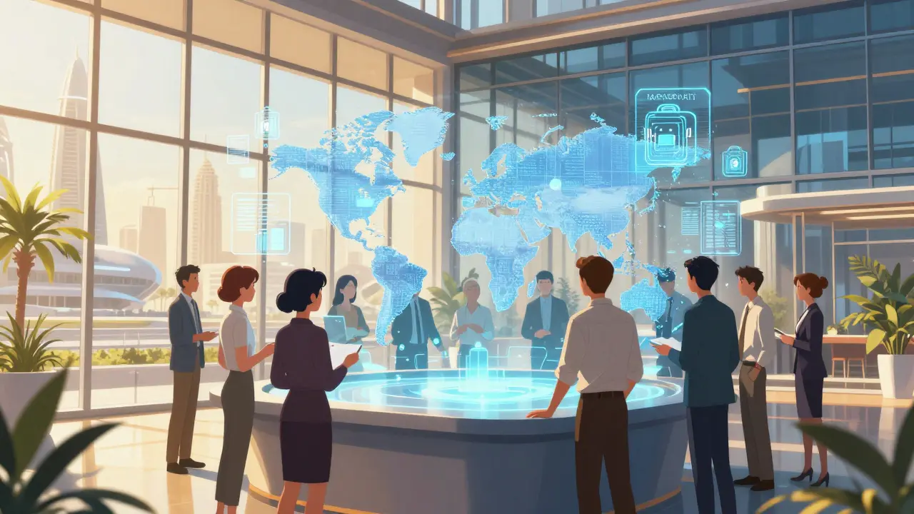Anime team working in a futuristic Dubai crypto office