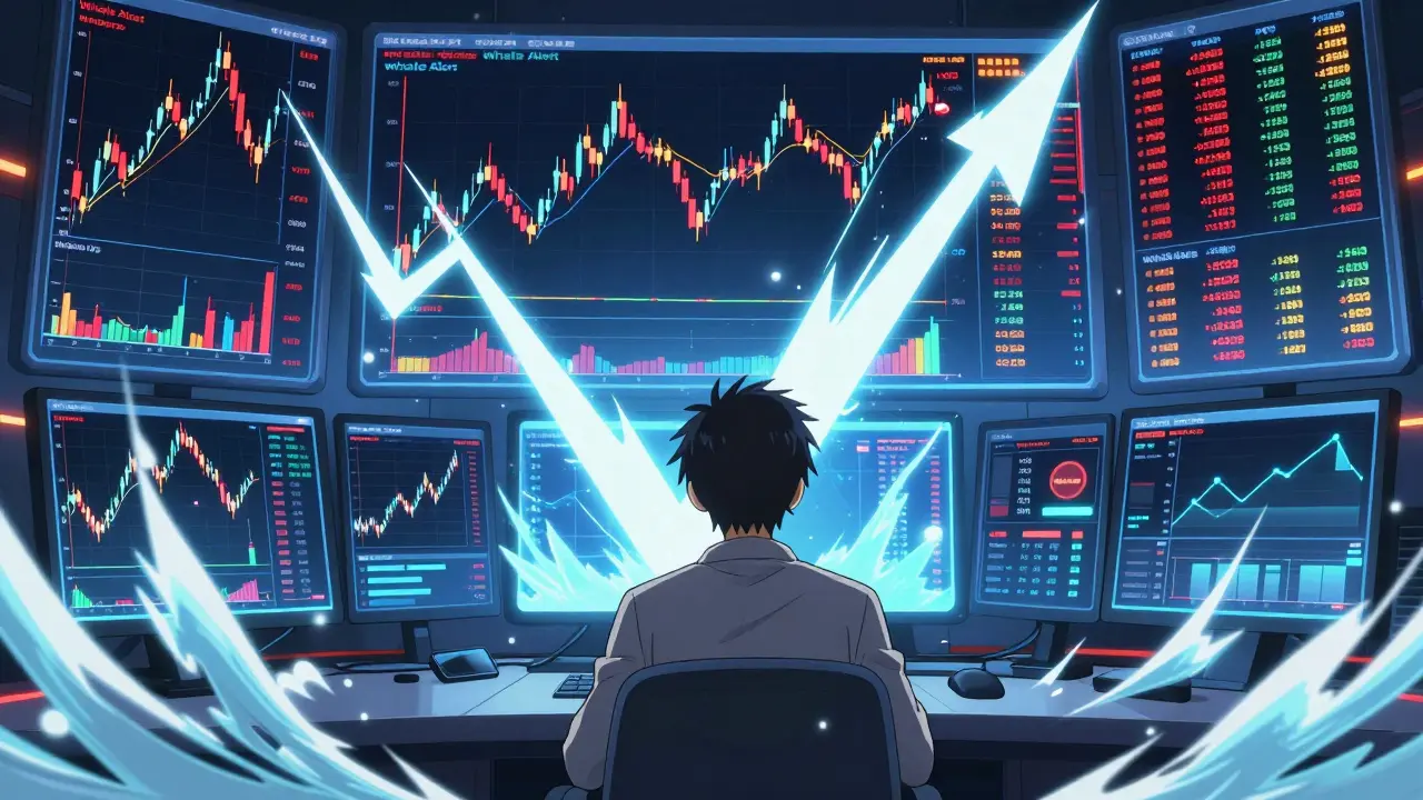 Anime trader analyzing volatile charts in a high-tech war room