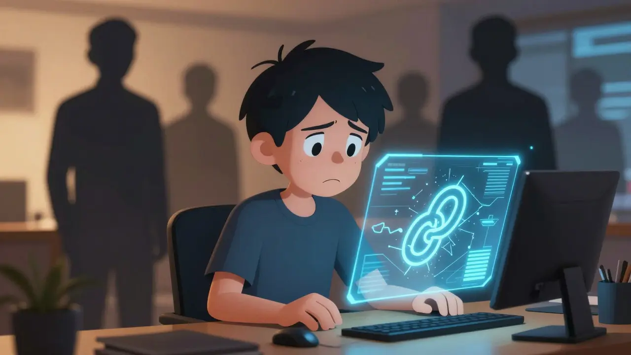 Anime trader looking at broken chain hologram representing crypto risks