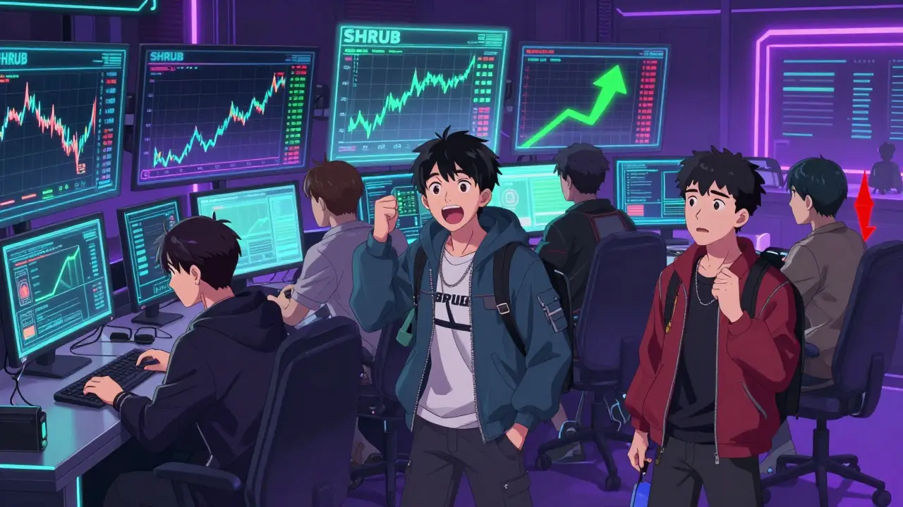 Anime traders watching volatile SHRUB coin price charts on screens