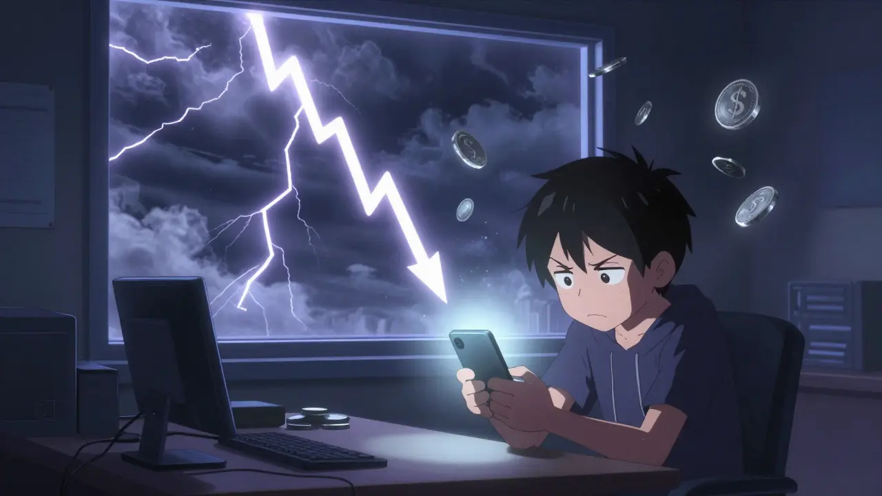 Anxious anime trader at desk with stormy background showing market crash