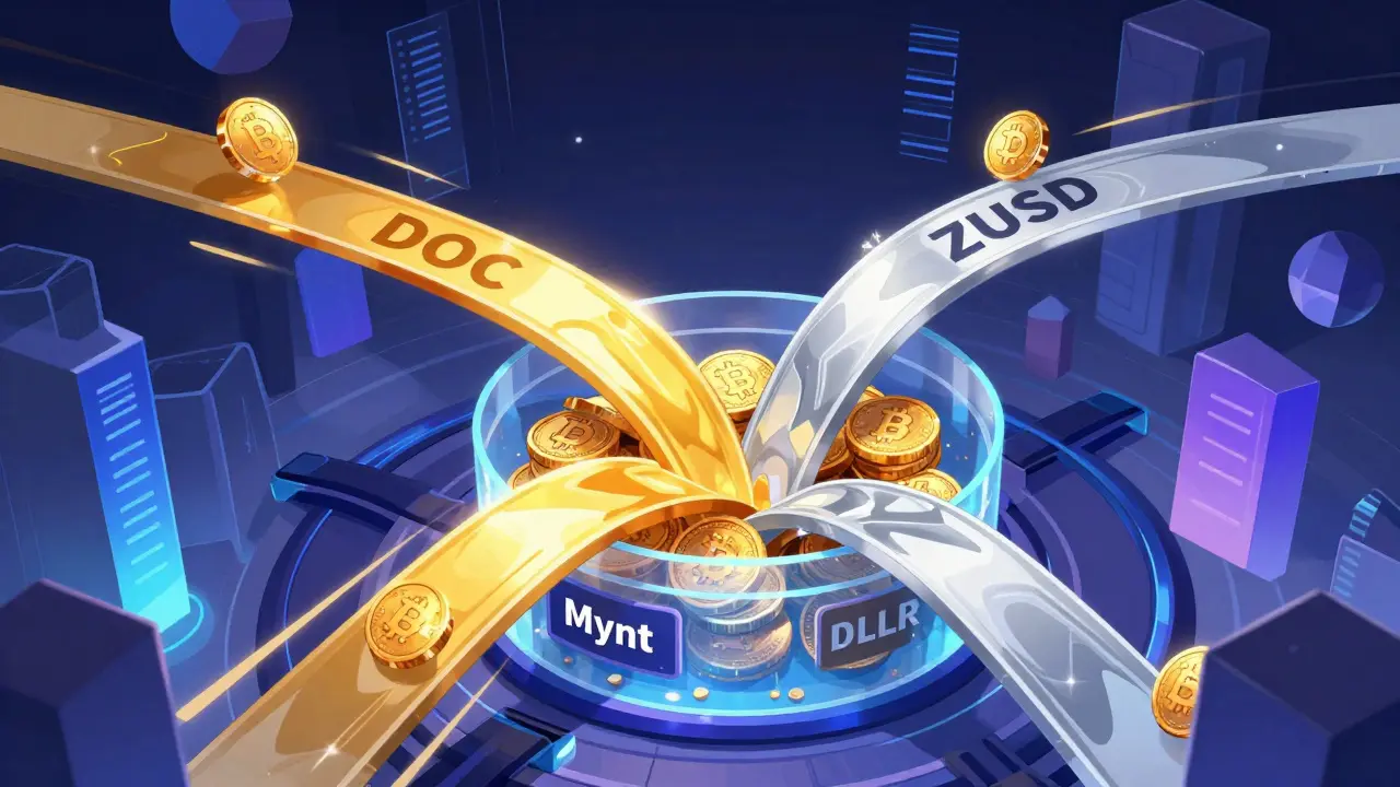 Cel-shaded anime illustration of DLLR aggregator combining DOC and ZUSD.