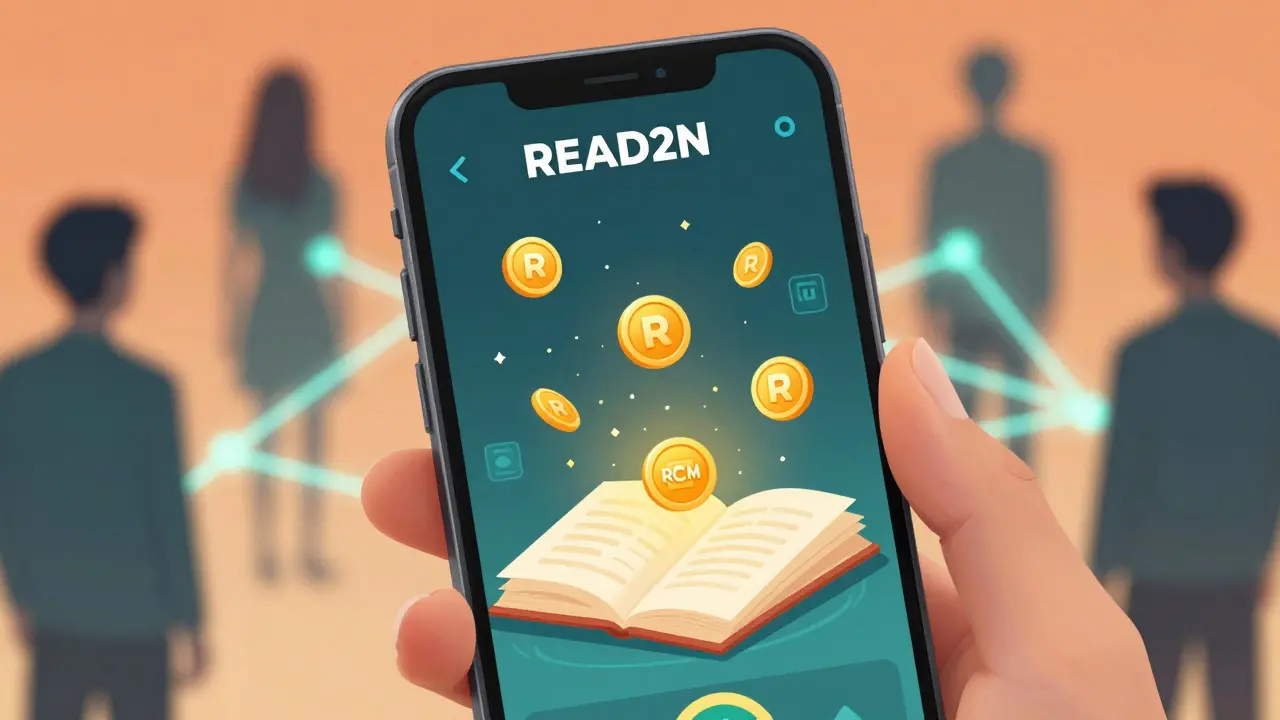 Close-up of anime hand holding phone showing RCM token rewards on a novel app.