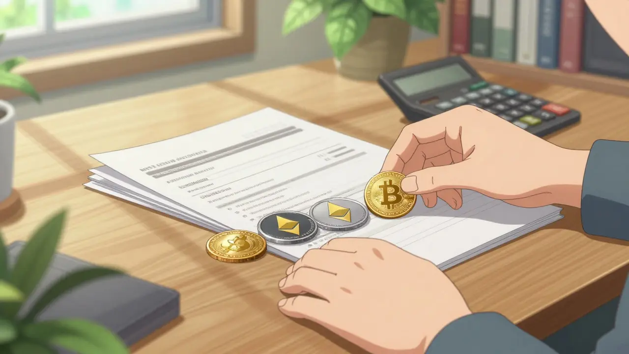 Close-up of hands organizing crypto tokens and tax documents on a sunlit desk.