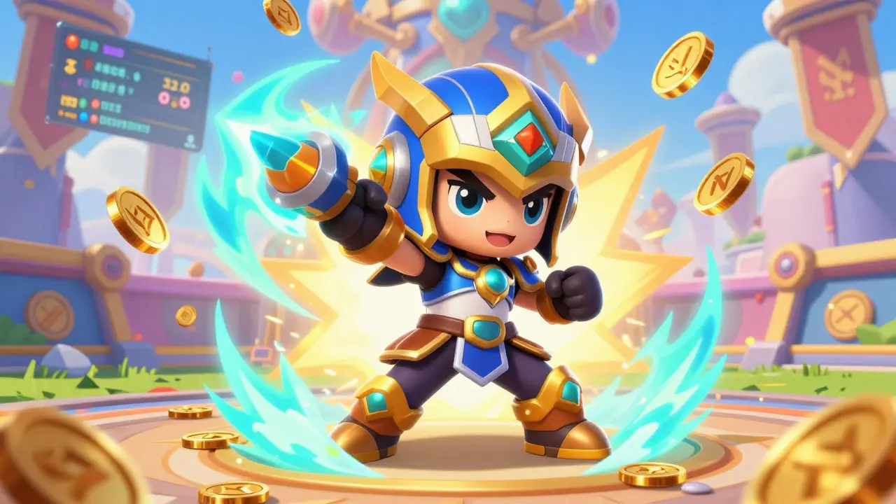 Cute anime N-Guard character fighting with gold coins and power effects