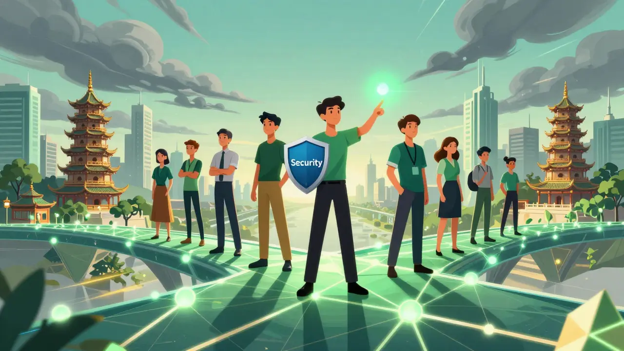 Developers on blockchain bridge overlooking futuristic city