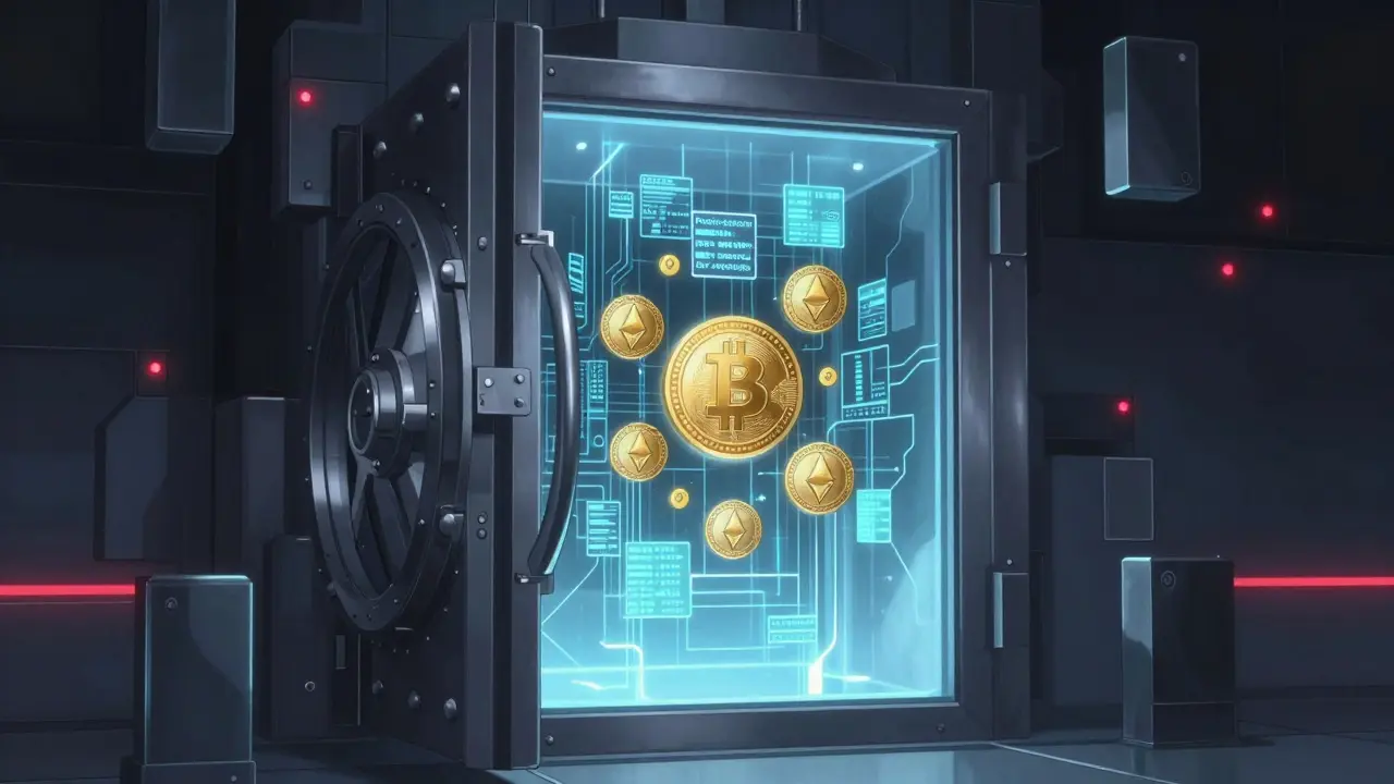 Digital vault protecting crypto assets with encryption effects