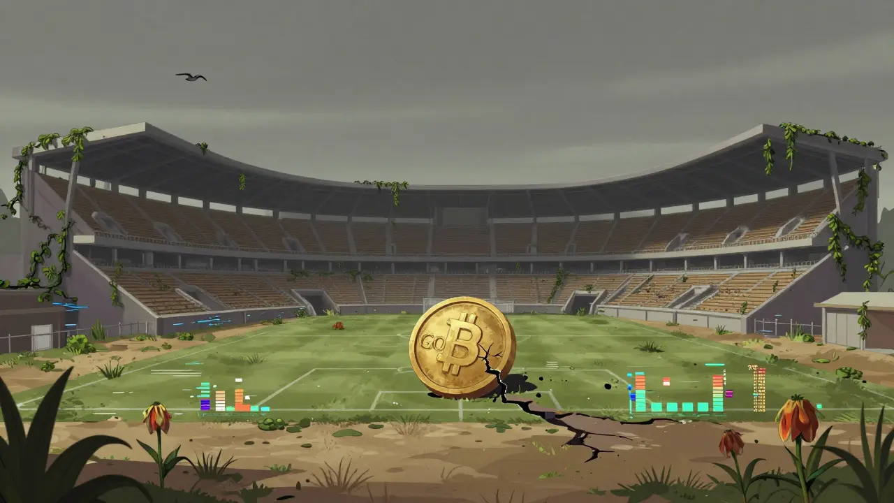 Dormant football metaverse stadium with cracked token and wilting charts