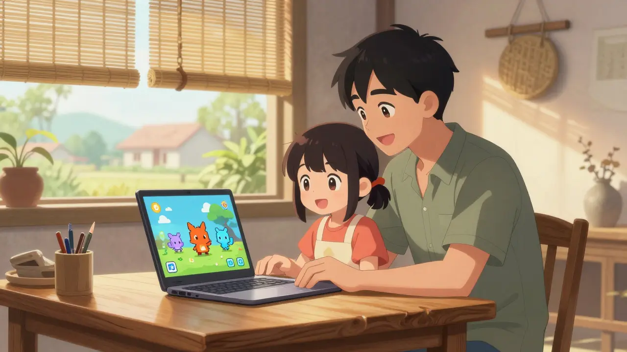 Family playing Axie Infinity game on laptop in sunny home