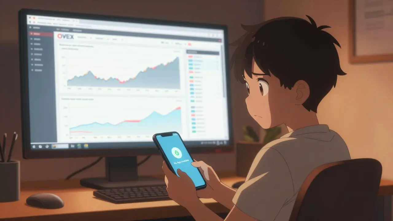 Frustrated user looking at phone next to complex trading desk
