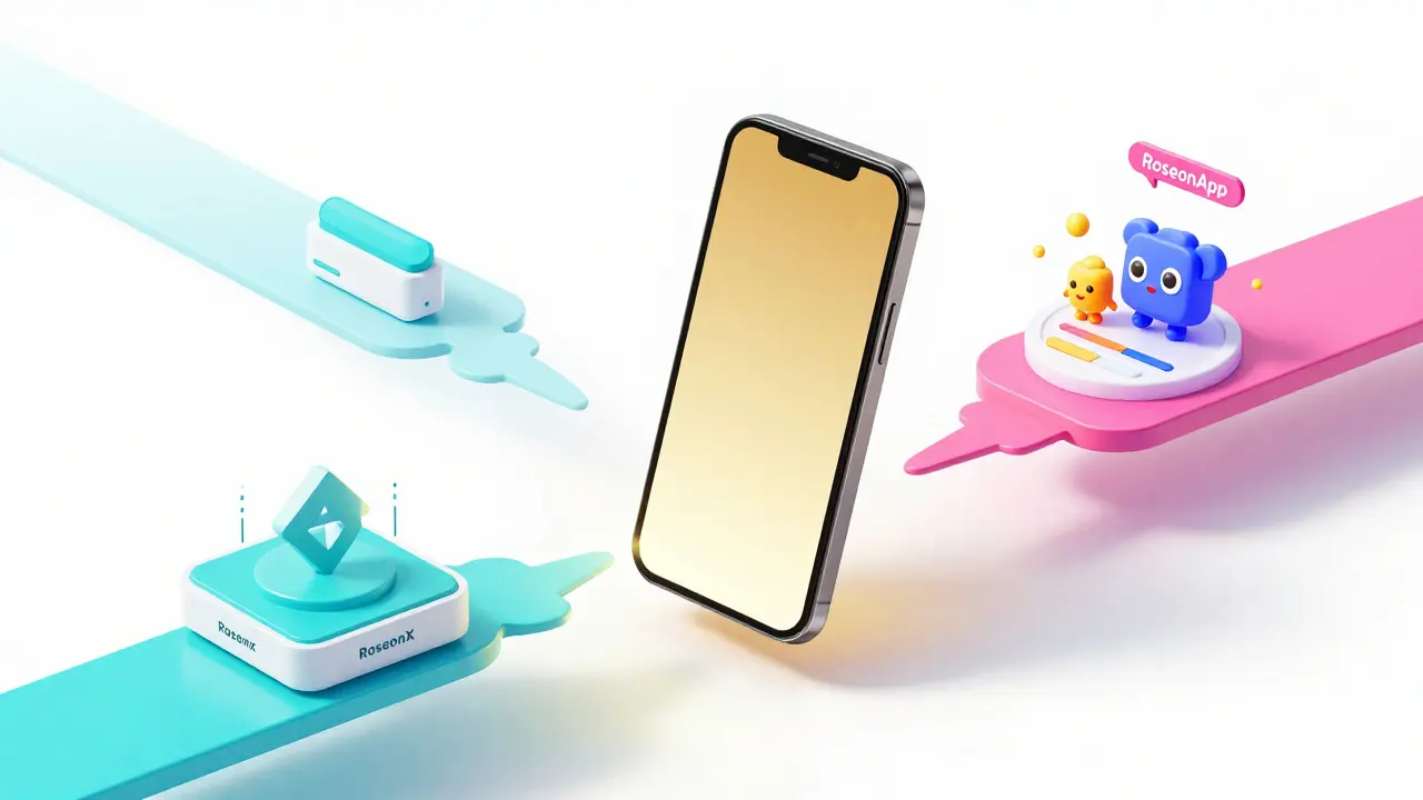Futuristic smartphone showing RoseonX exchange and RoseonApp features