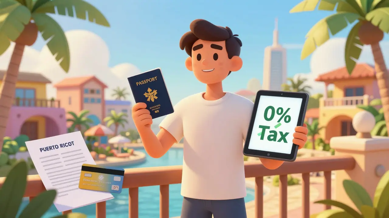Happy anime character enjoying low-tax life in a sunny tropical location