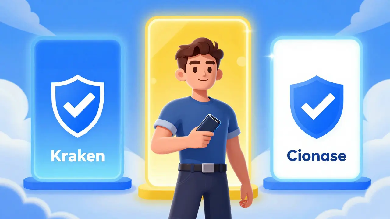 Heroic figure choosing safe crypto exchanges from glowing portals