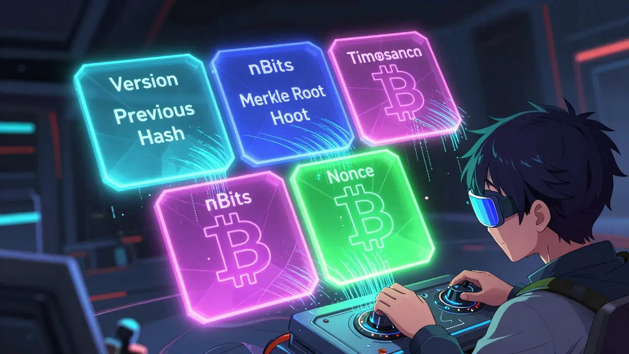 Holographic Bitcoin block header with six glowing data panels