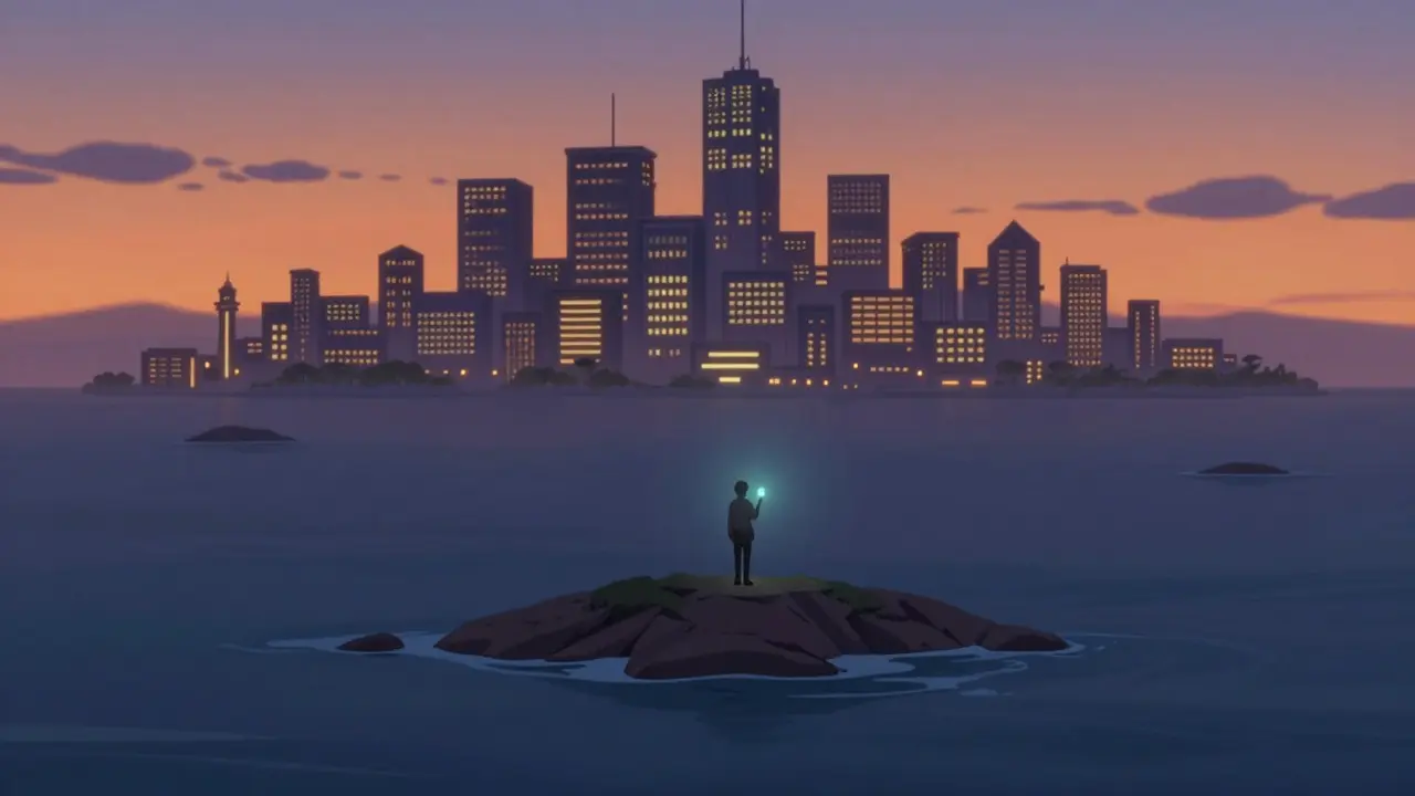 Lonely anime figure holding a dim token near distant cities
